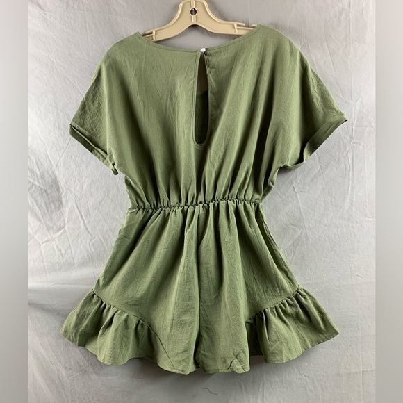 Khaki Drawstring Waist Ruffle Hem Romper - Picture 9 of 9